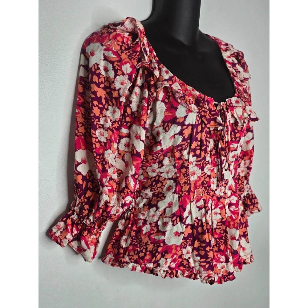 Free People Top XS Sweet Memories NEW Floral Ruffle Cottagecore Puff Sleeves $88